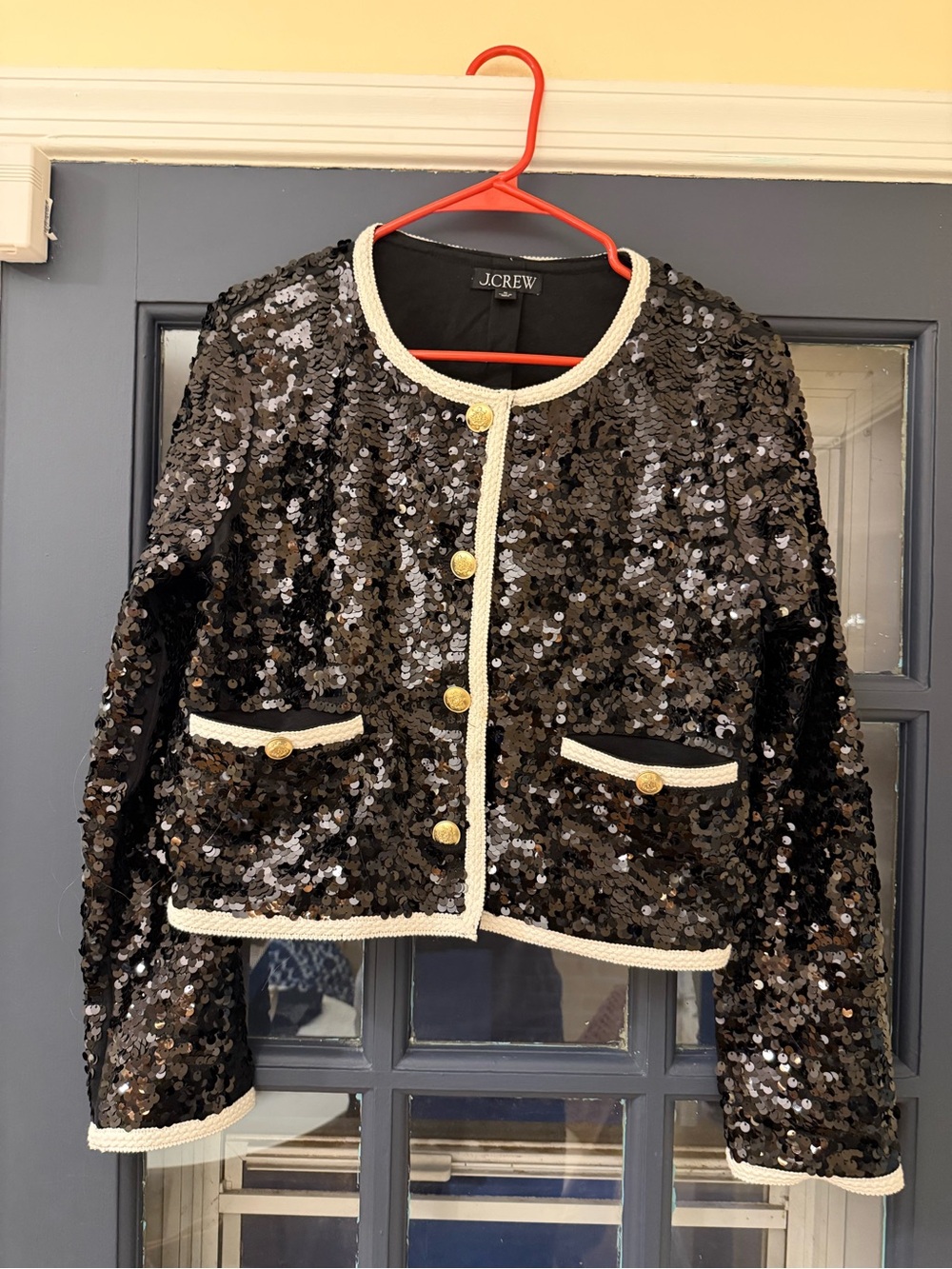 J. Crew Black Sequin Cropped Jacket Cardigan with Cream Trim Medium